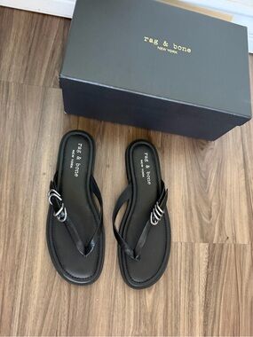 rag & bone Black Leather Toe-Loop Sandals with Silver Ring Detail NEW in Box